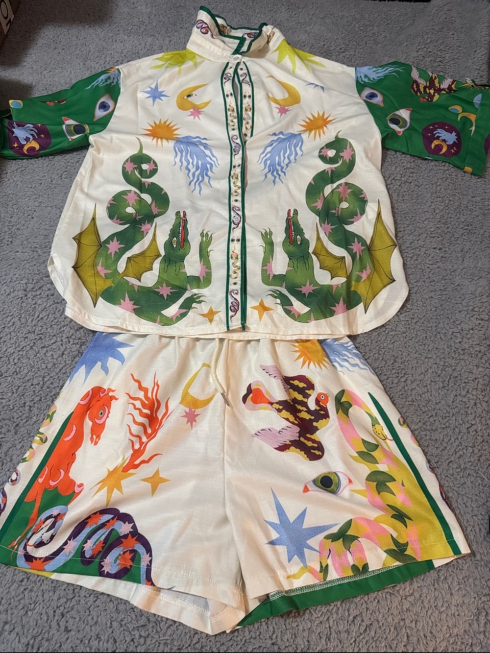 Dragon & Celestial Print Matching Set with Green Accents